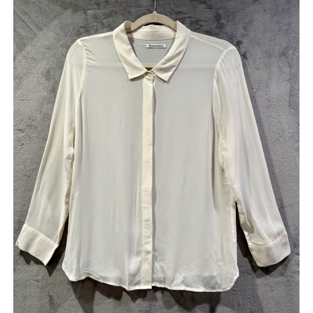 Reformation Size M Ivory Cream Viscose Hidden Button Down Blouse Long Sleeve Top